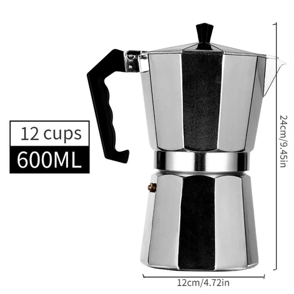 Stainless steel espresso maker with dimensions and capacity details on a white background
