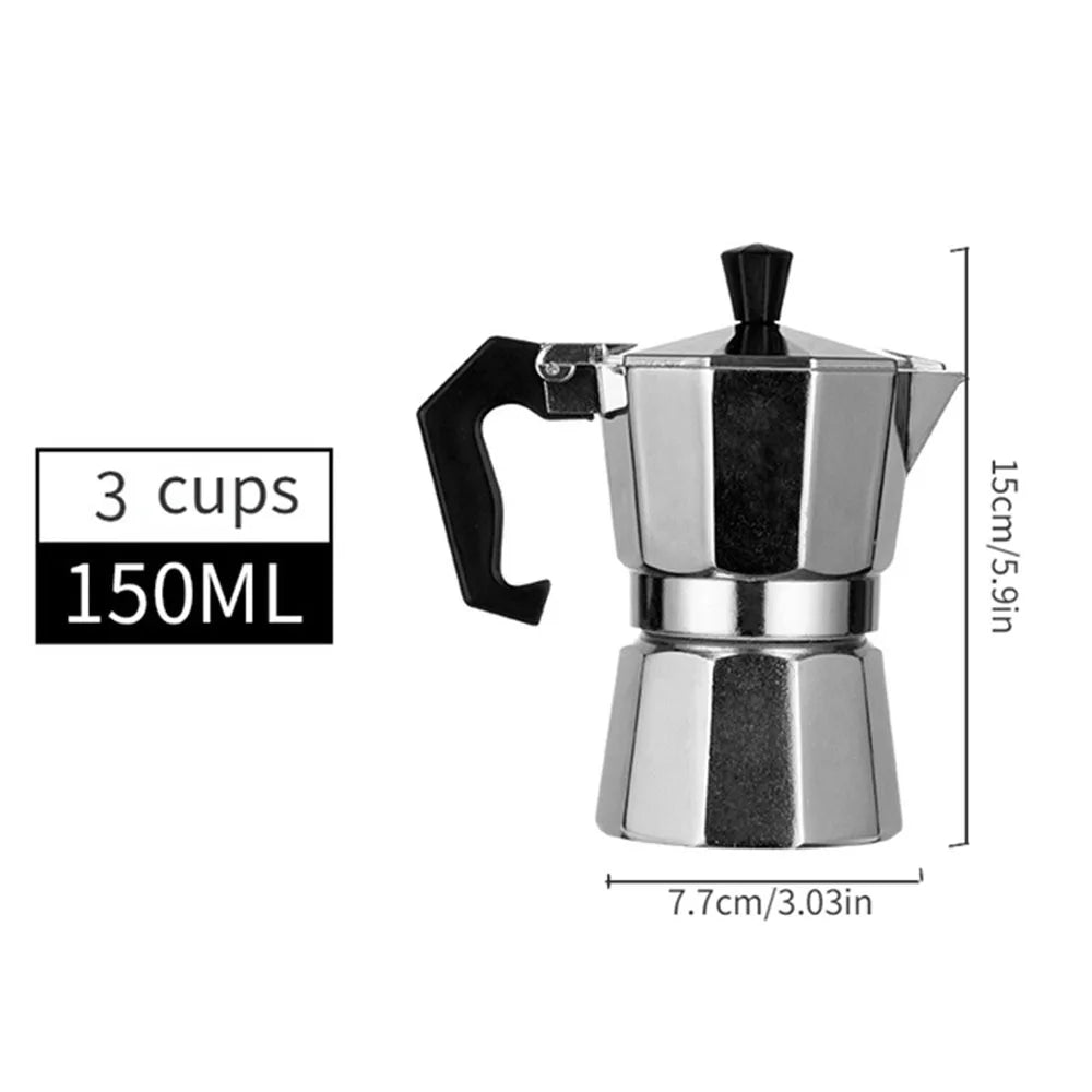 Stainless steel espresso maker with dimensions and capacity label on a white background