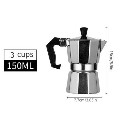 Stainless steel espresso maker with dimensions and capacity label on a white background