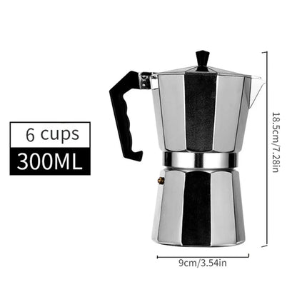 Stainless steel espresso maker with dimensions and capacity details on a white background