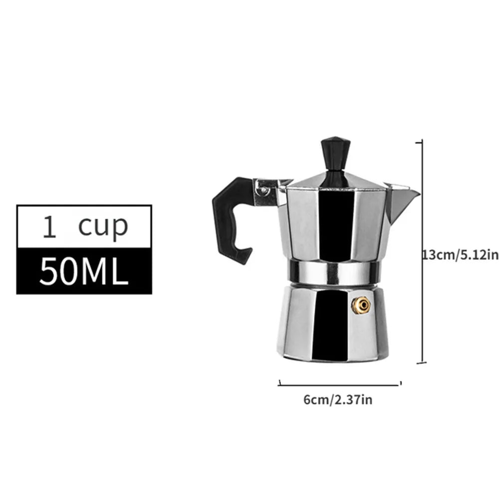Stainless steel espresso maker with dimensions and capacity label on a white background