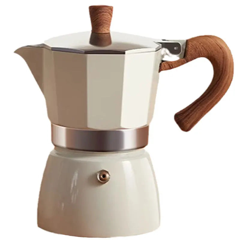 Stainless steel espresso maker with wooden handle and base on a white background
