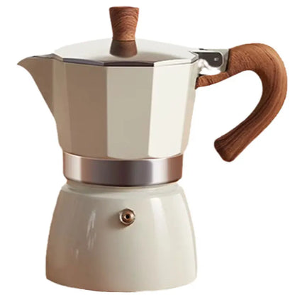 Stainless steel espresso maker with wooden handle and base on a white background