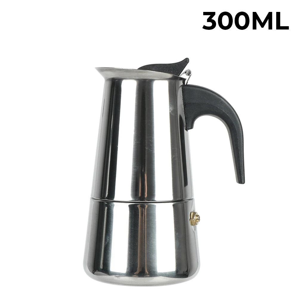 Stainless steel espresso pot with black handle on a white background, labeled '300ML'.