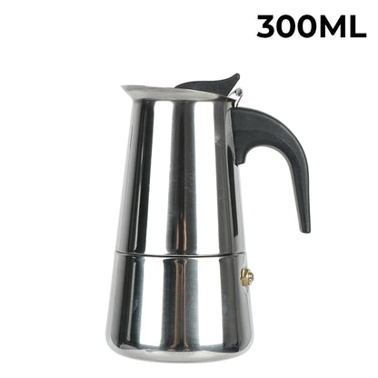 Stainless steel espresso pot with black handle on a white background, labeled '300ML'.