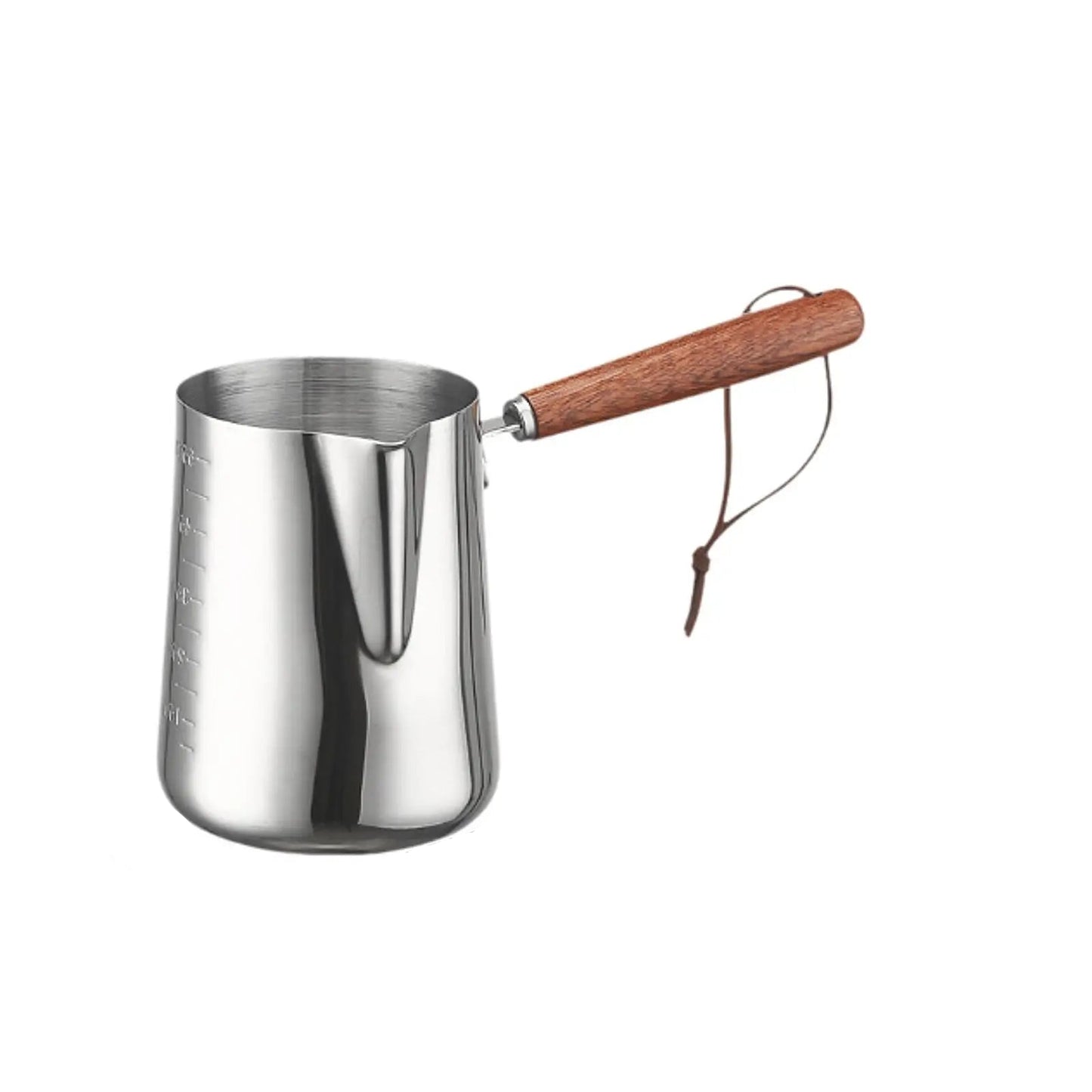 Stainless steel pitcher with wooden handle and measurements on a white background