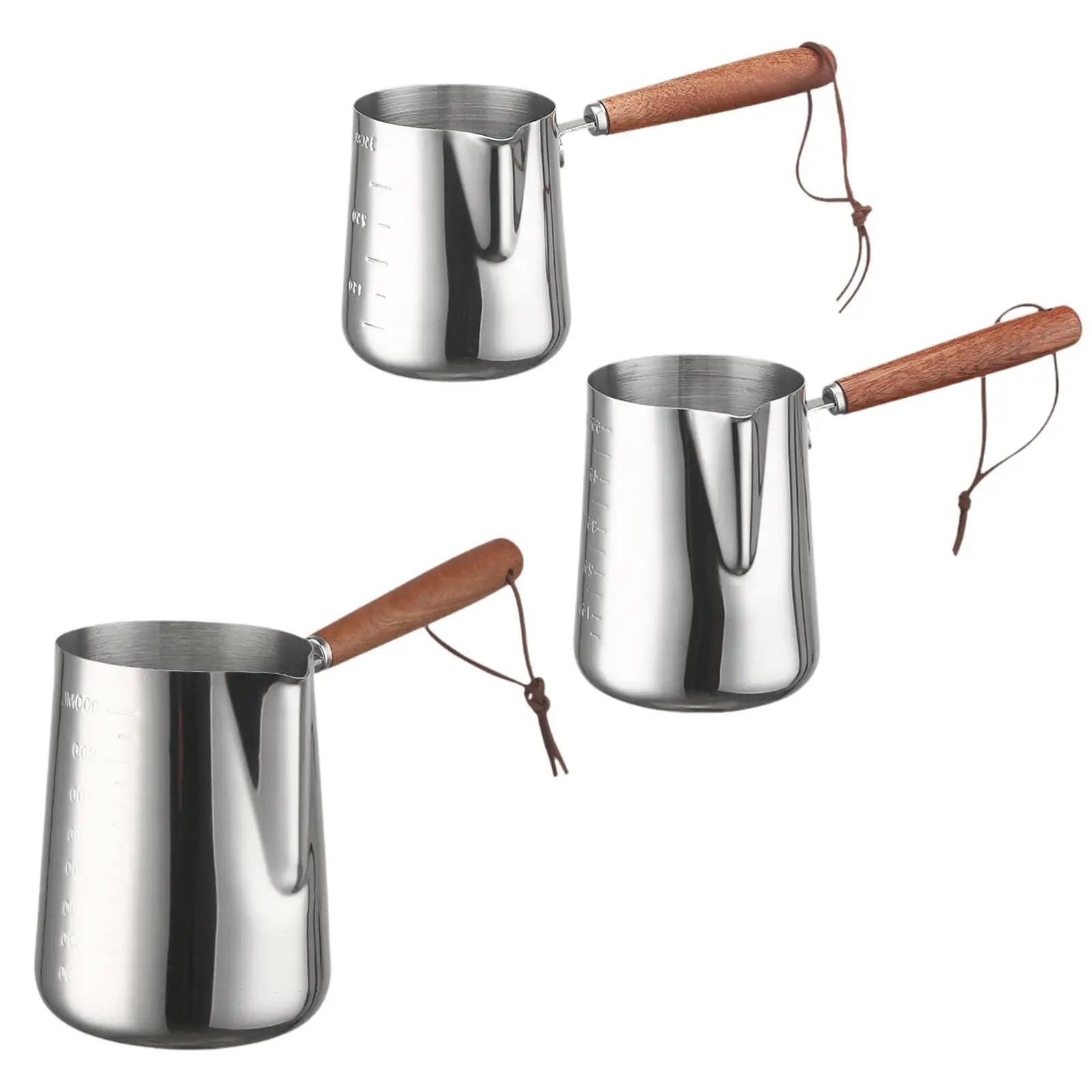 Three stainless steel Turkish coffee makers with wooden handles on a white background
