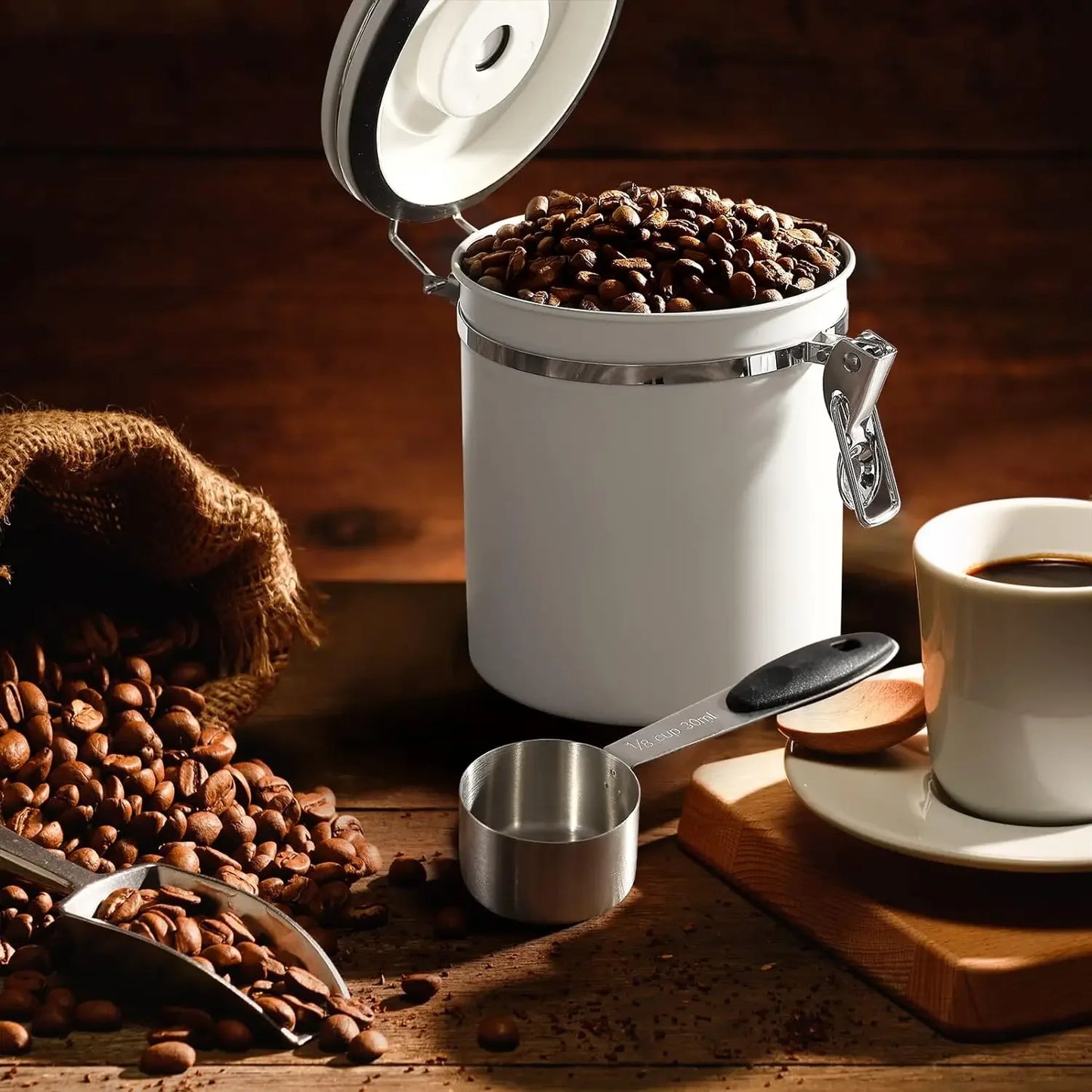 White Container with Scoop for Coffee Storage