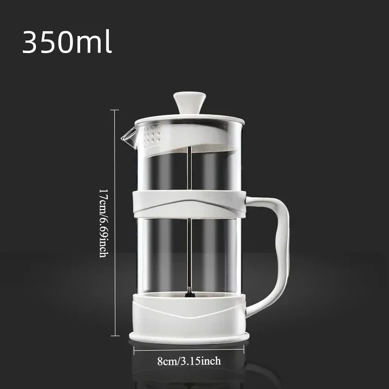 White French press coffee maker with measurements on a black background