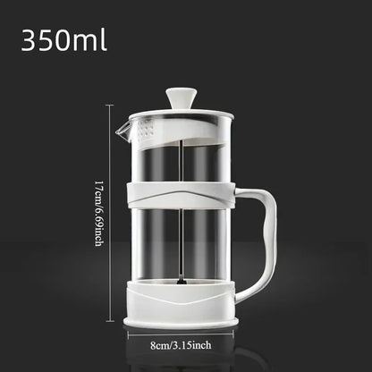 White French press coffee maker with measurements on a black background