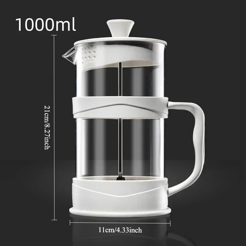 White French press coffee maker with measurements on a black background