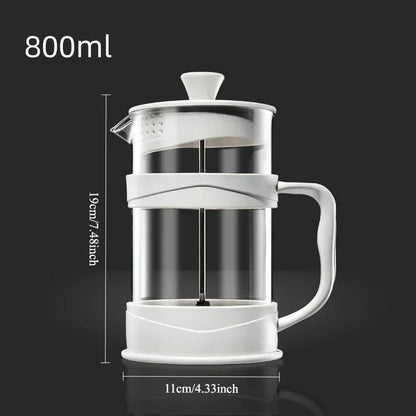 White French press coffee maker with measurements on a black background