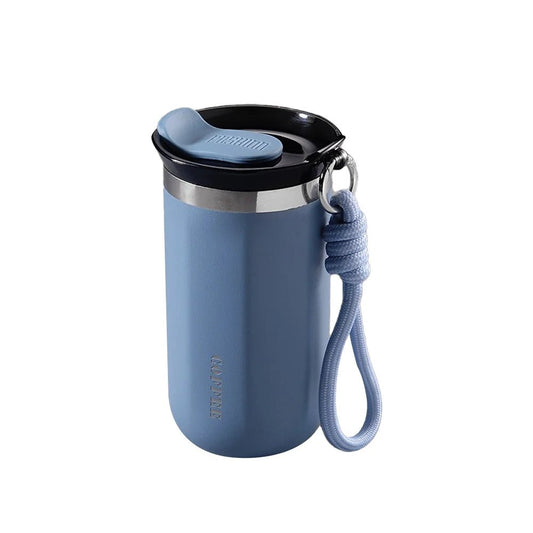 Blue travel mug with a black lid and a rope handle on a white background